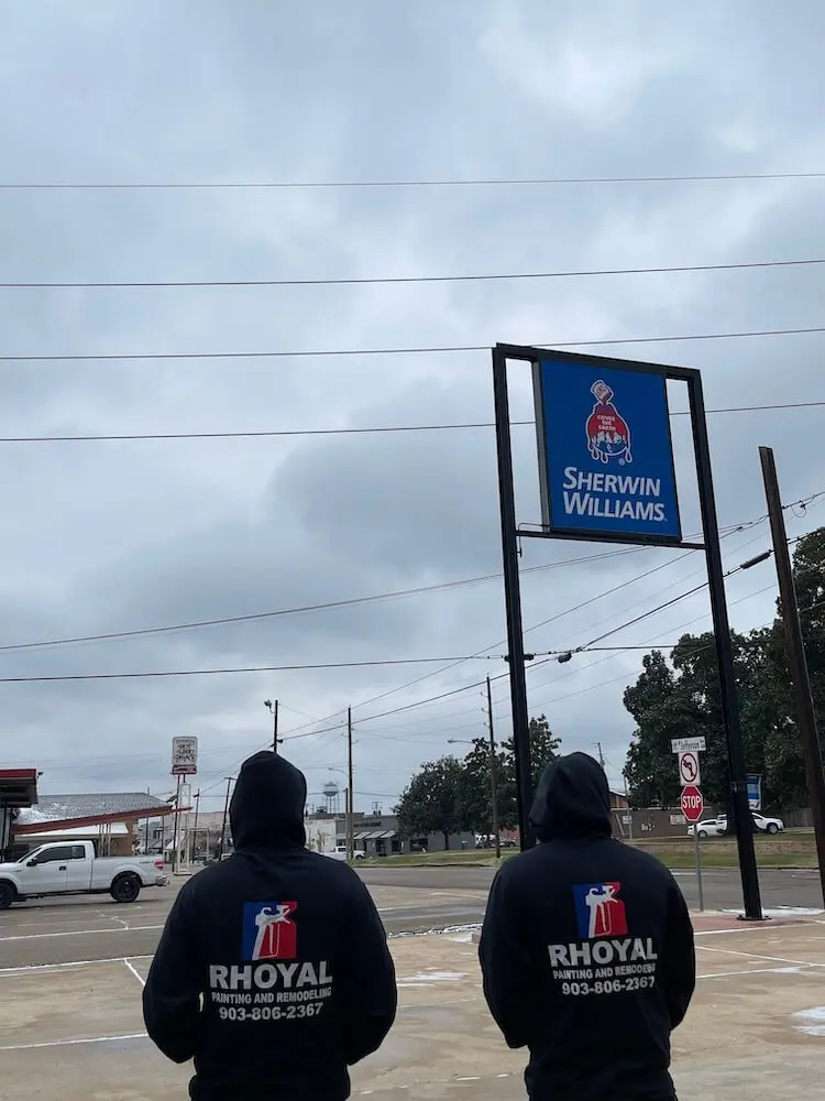 rhoyal-painting-east-texas rhoyal painting and remodeling team standing in front of east texas sherwin williams